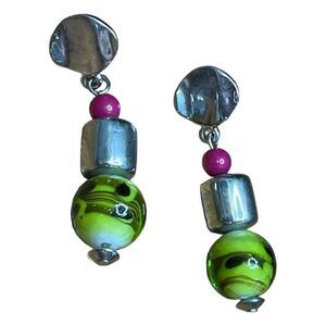 Vintage Y2K Beaded Earrings Green Black Pink Glass Silver Tone Metal Dangle